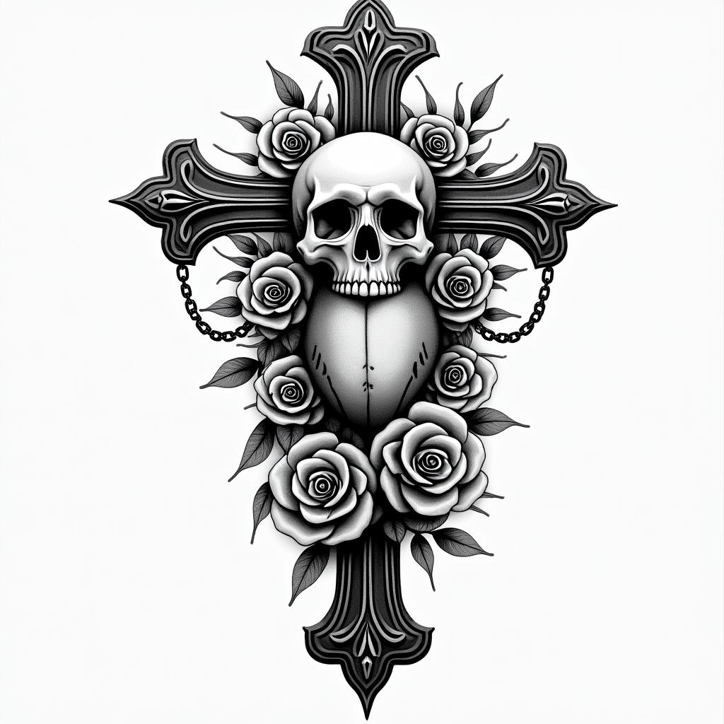 Aquarius. 45 years old. I once had myocarditis that affected me psychologically. But now it is getting better. I try to be strong, even when it's not always easy. I have a 6-year-old daughter whom I love.in chicano style tattoo, featuring intricate black and grey shading, bold elements of traditional chicano culture symbols, add a big cross with skull, chains and roses - Variation 2