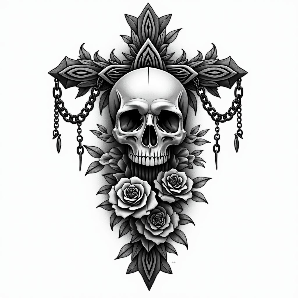 Aquarius. 45 years old. I once had myocarditis that affected me psychologically. But now it is getting better. I try to be strong, even when it's not always easy. I have a 6-year-old daughter whom I love.in chicano style tattoo, featuring intricate black and grey shading, bold elements of traditional chicano culture symbols, add a big cross with skull, chains and roses - Variation 3