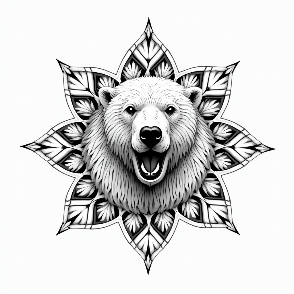 Polar bear water geometrical in geometric style tattoo, blending hexagons, mandala-inspired patterns, symmetrical and fractal design, clean lines, sharp angles