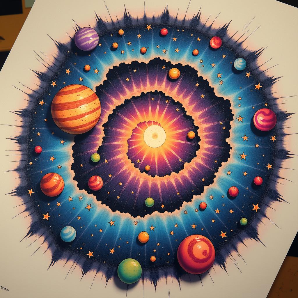 A vibrant and intricate tattoo illustration showcasing a spiral galaxy with numerous stars and planets, placed on a solid canvas.undefined