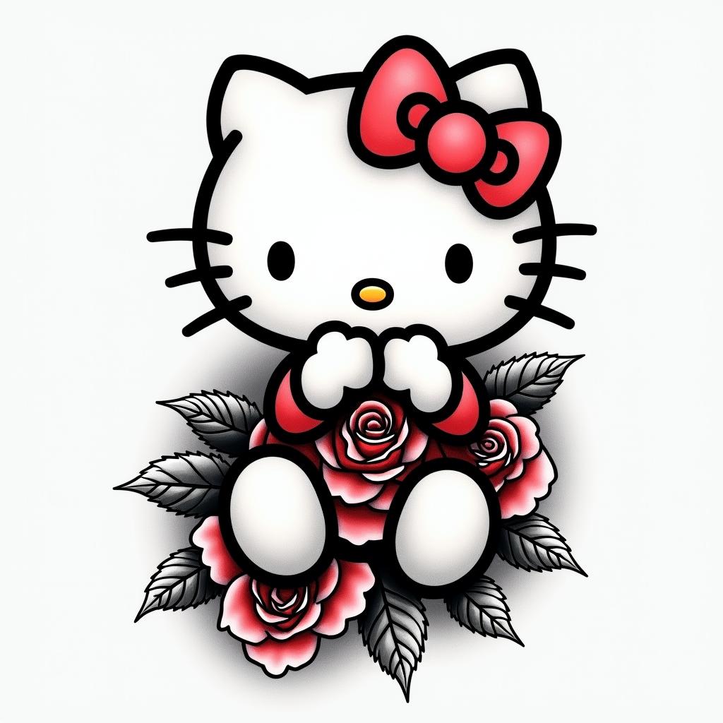 half arm sleeve with 2 hello kitty’s & the year 2007 i want a couple roses with some red ink and the name jadahigly detailed tattoo