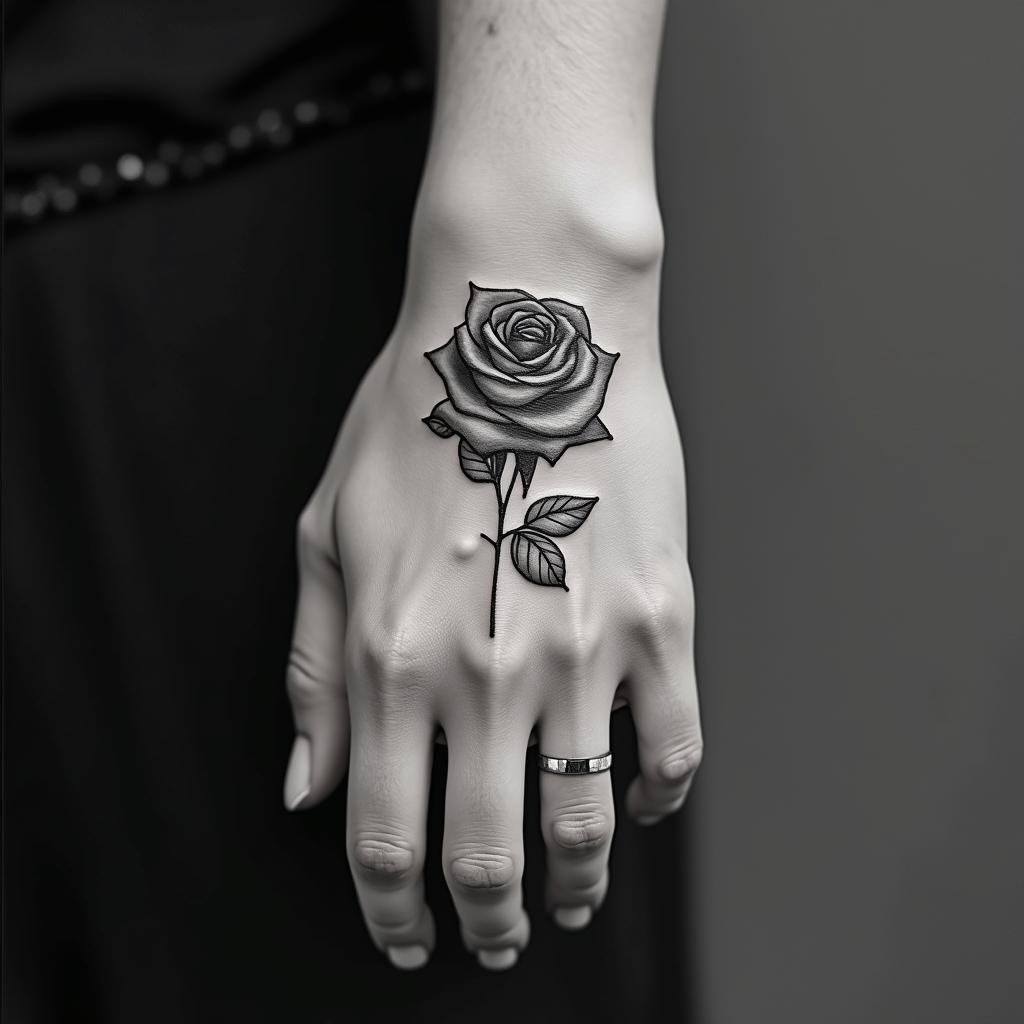 Hand tattoo black rose 444 let them 11:11 be braveminimalist text-based tattoo, Monospace font ultra-realistic, perfectly placed, high-quality font design, photo-realistic shading, 8k, high quality, finely detailed typograph - Variation 12