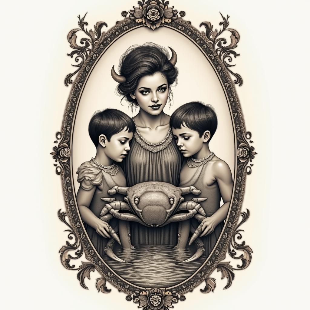 Teen mother with two boys standing by bull, crab, and waterin victorian style tattoo, featuring vintage and elegant elements, ornate frames, roses, antique, sepia-toned color scheme - Variation 4