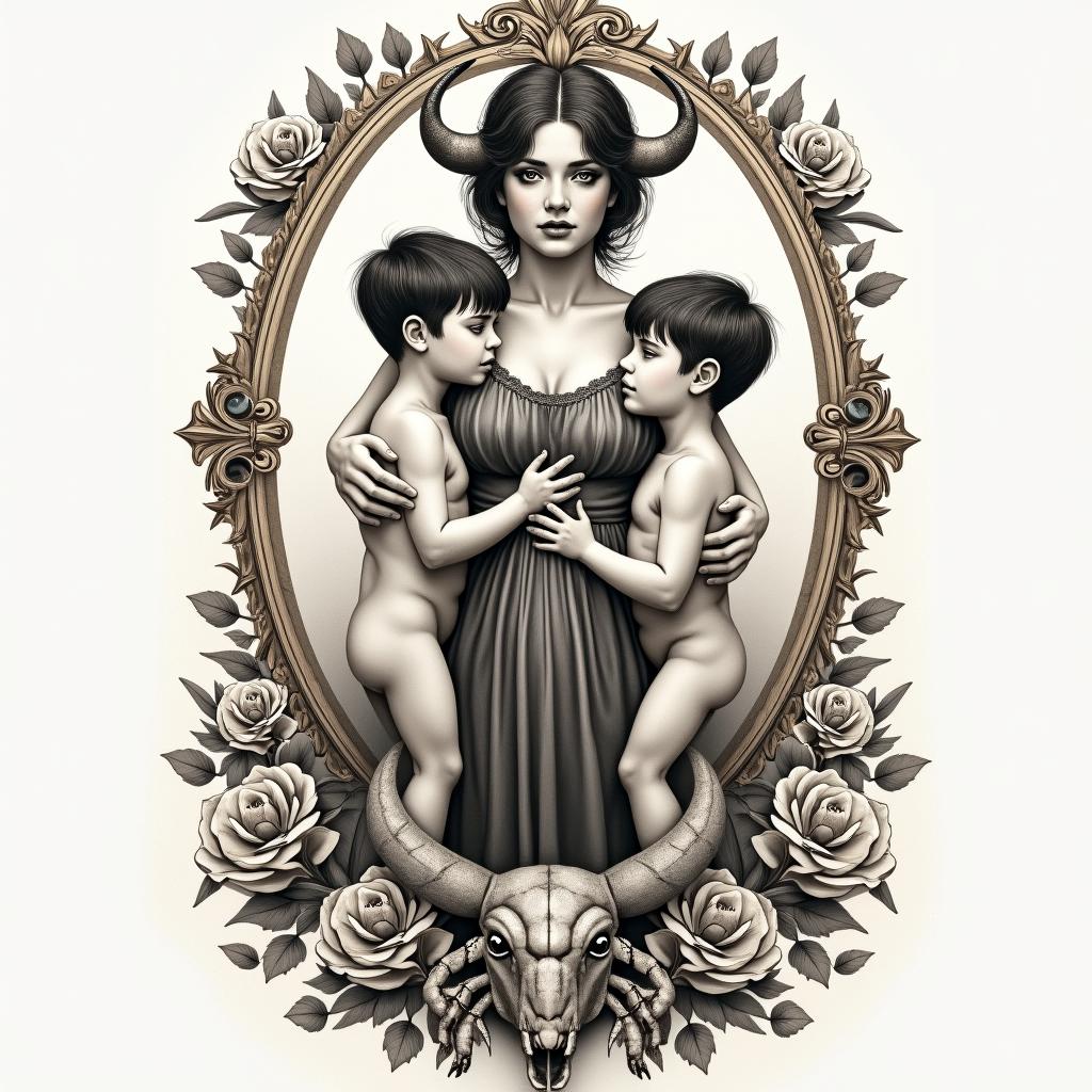 Teen mother with two boys standing by bull, crab, and waterin victorian style tattoo, featuring vintage and elegant elements, ornate frames, roses, antique, sepia-toned color scheme - Variation 3