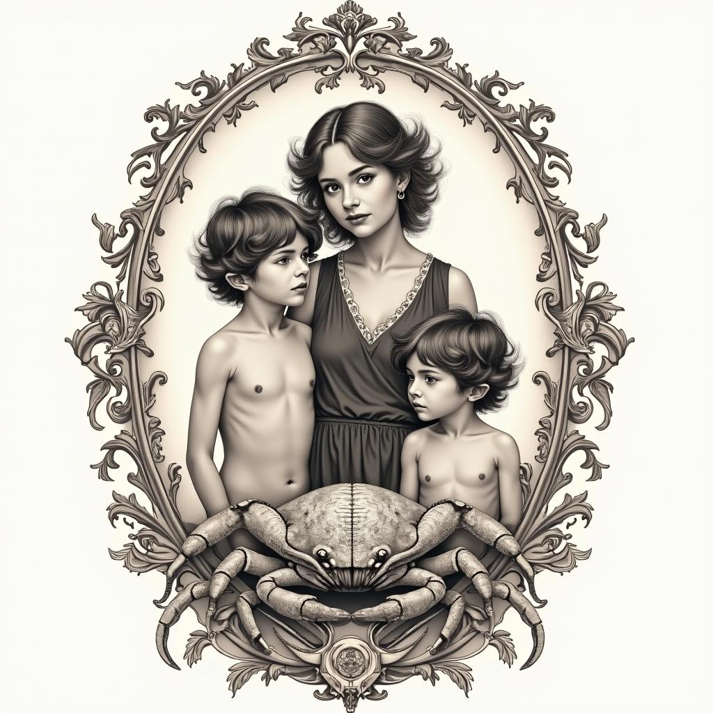 Teen mother with two boys standing by bull, crab, and waterin victorian style tattoo, featuring vintage and elegant elements, ornate frames, roses, antique, sepia-toned color scheme