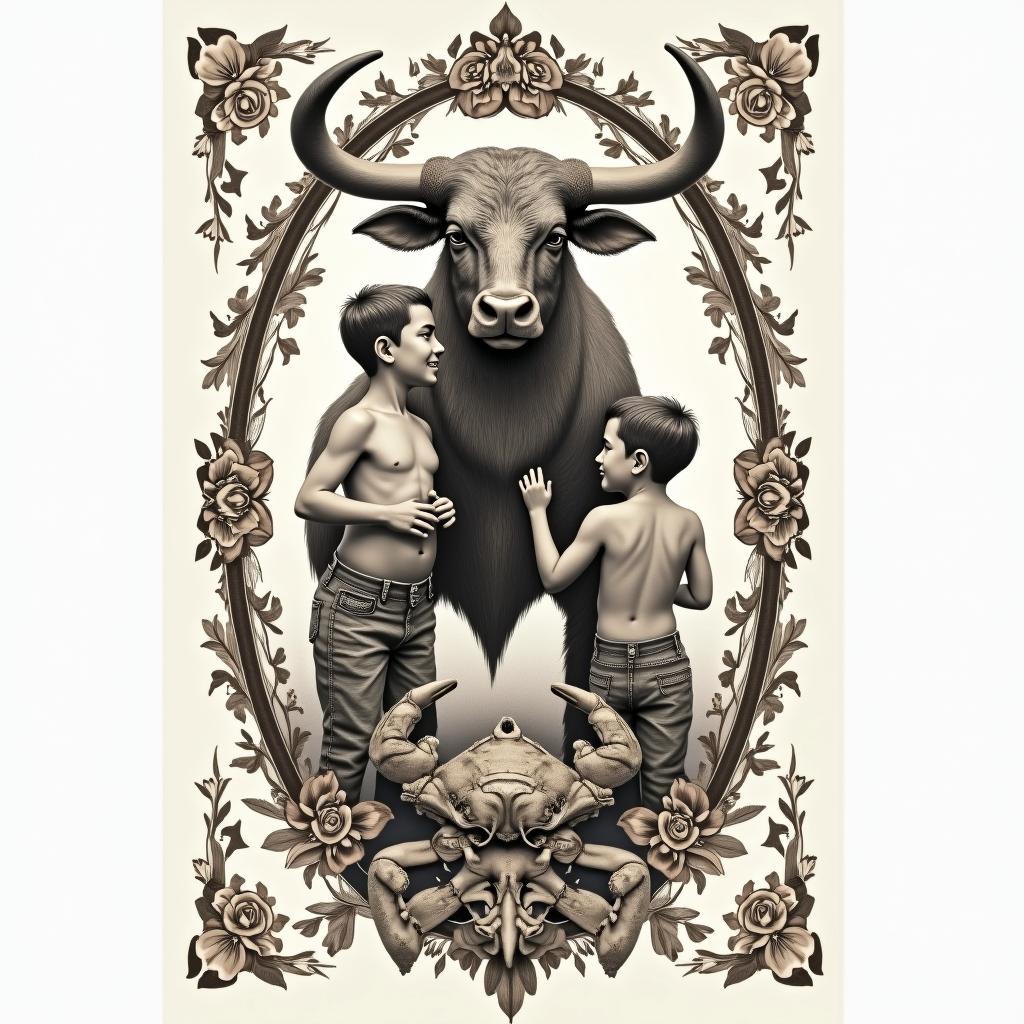 Teen mother with two boys standing by bull, crab, and waterin victorian style tattoo, featuring vintage and elegant elements, ornate frames, roses, antique, sepia-toned color scheme - Variation 2