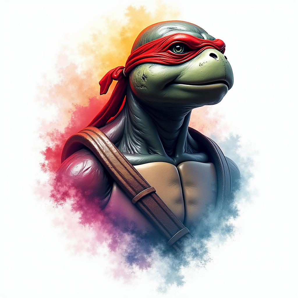 Red ninja turtle with watercolor backgroundin distorted and fragmented tattoo design, featuring a classical statue bust, in a glitch art style with vibrant, overlapping colors of cyan, magenta, and yellow, creating a digital distortion effect