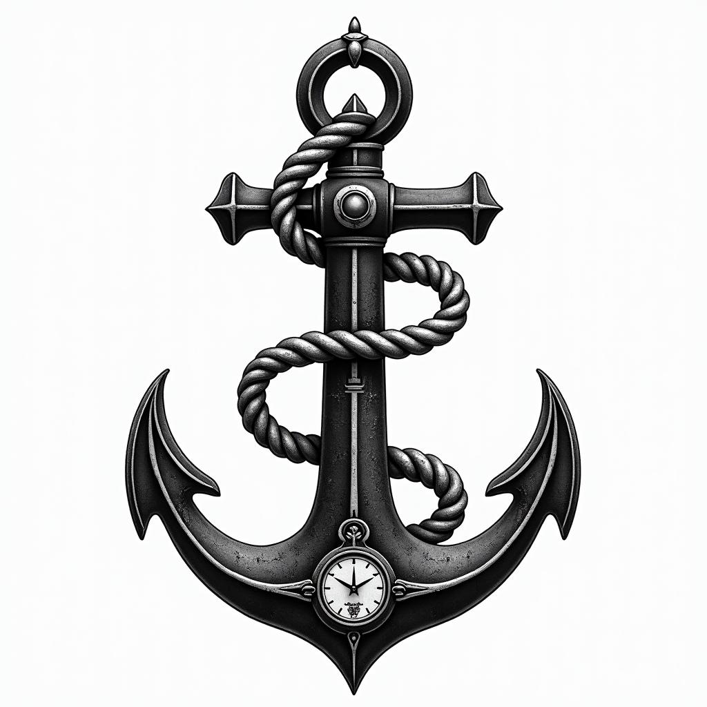 Anchor with nautical rope and compassin egyptian style tattoo, bold elements of ancient egyptian culture including a portrait of an Egyptian pharaoh with detailed facial features, in hieroglyphs and symbolic imagery, eye of horus, ankh symbol, scarab beetle - Variation 1