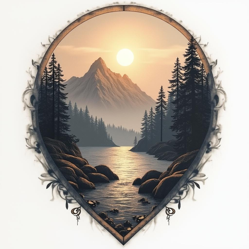 A tattoo design representing the struggle with low self-worth and the journey towards self-acceptance, featuring Ancient Greek art elements. The design includes open natural scenery with sunlight illuminating majestic mountains, symbolizing hope and free will amidst a backdrop of darkness. The color tone captures the atmosphere of classical Greek art, combining beauty and balance as a reflection of the inner fight against perfection.higly detailed tattoo - Variation 3