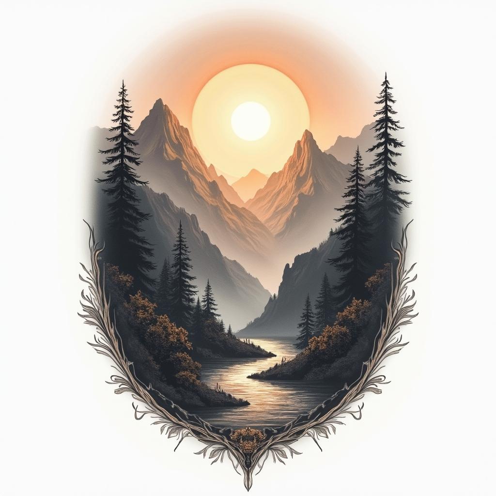A tattoo design representing the struggle with low self-worth and the journey towards self-acceptance, featuring Ancient Greek art elements. The design includes open natural scenery with sunlight illuminating majestic mountains, symbolizing hope and free will amidst a backdrop of darkness. The color tone captures the atmosphere of classical Greek art, combining beauty and balance as a reflection of the inner fight against perfection.higly detailed tattoo