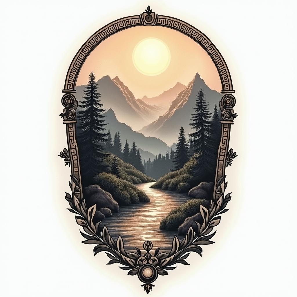 A tattoo design representing the struggle with low self-worth and the journey towards self-acceptance, featuring Ancient Greek art elements. The design includes open natural scenery with sunlight illuminating majestic mountains, symbolizing hope and free will amidst a backdrop of darkness. The color tone captures the atmosphere of classical Greek art, combining beauty and balance as a reflection of the inner fight against perfection.higly detailed tattoo - Variation 4