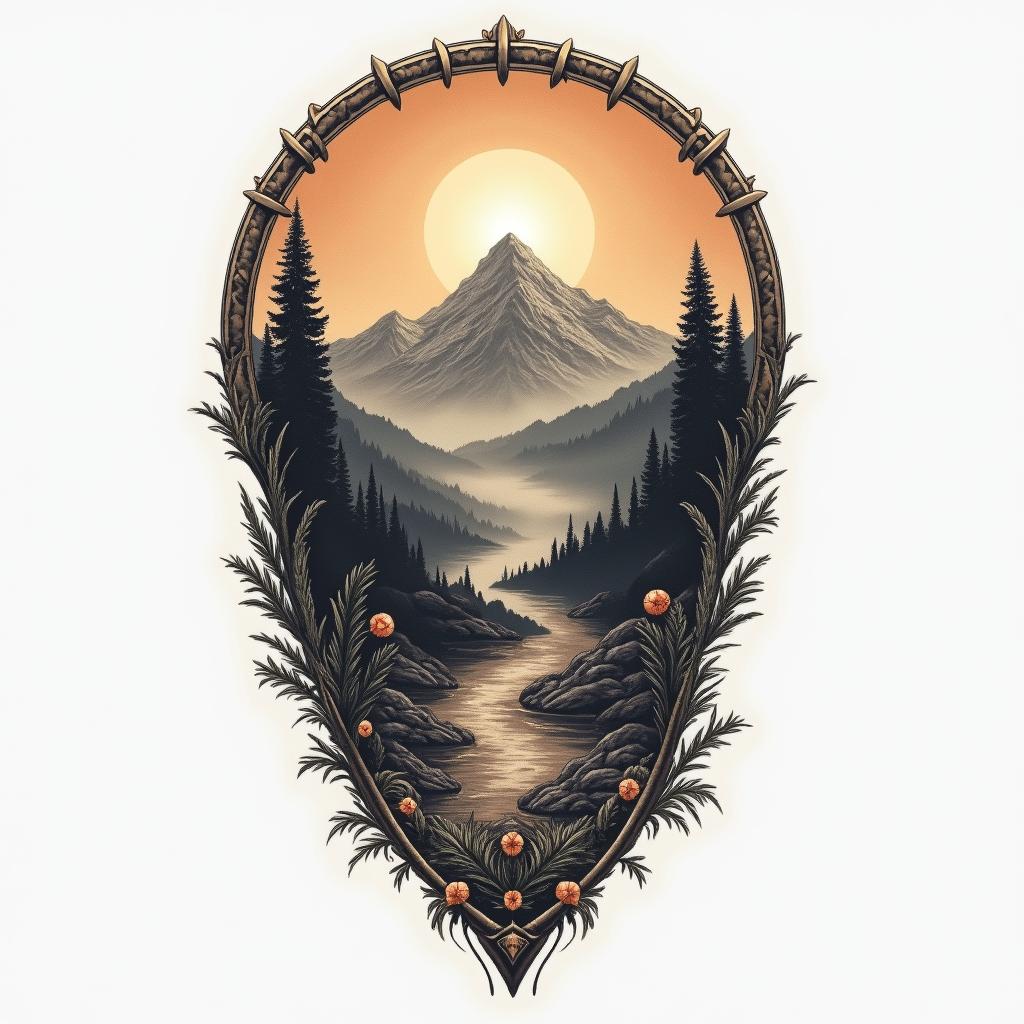 A tattoo design representing the struggle with low self-worth and the journey towards self-acceptance, featuring Ancient Greek art elements. The design includes open natural scenery with sunlight illuminating majestic mountains, symbolizing hope and free will amidst a backdrop of darkness. The color tone captures the atmosphere of classical Greek art, combining beauty and balance as a reflection of the inner fight against perfection.higly detailed tattoo - Variation 2
