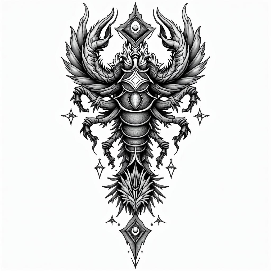 Frank William Campbell 1988 dragon scorpion Salinas California in prophecy tattoo style, featuring mystical symbols, celestial imagery like stars, moons, suns, geometric patterns, foretelling elements, an eye of wisdom - Variation 2