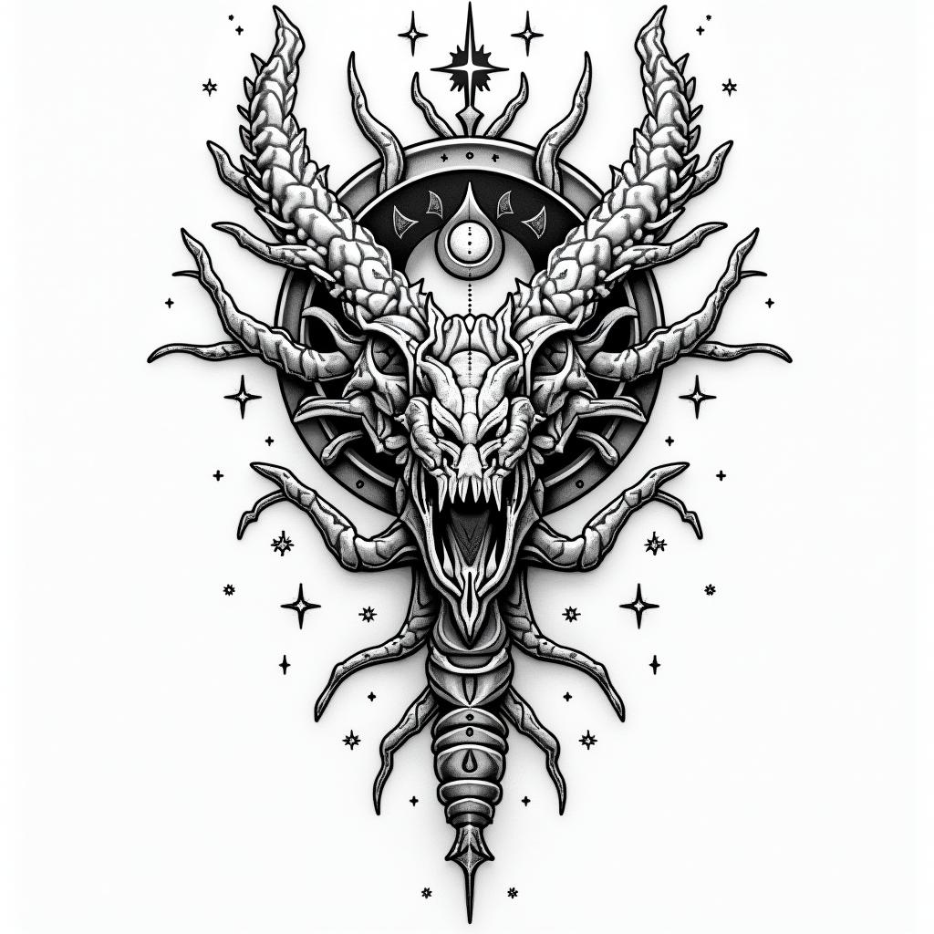 Frank William Campbell 1988 dragon scorpion Salinas California in prophecy tattoo style, featuring mystical symbols, celestial imagery like stars, moons, suns, geometric patterns, foretelling elements, an eye of wisdom - Variation 3