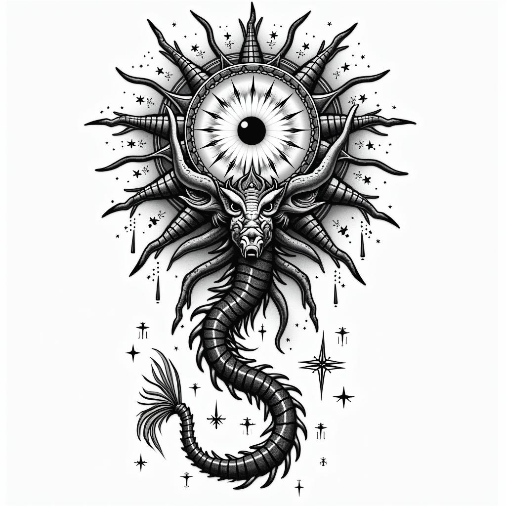Frank William Campbell 1988 dragon scorpion Salinas California in prophecy tattoo style, featuring mystical symbols, celestial imagery like stars, moons, suns, geometric patterns, foretelling elements, an eye of wisdom - Variation 4