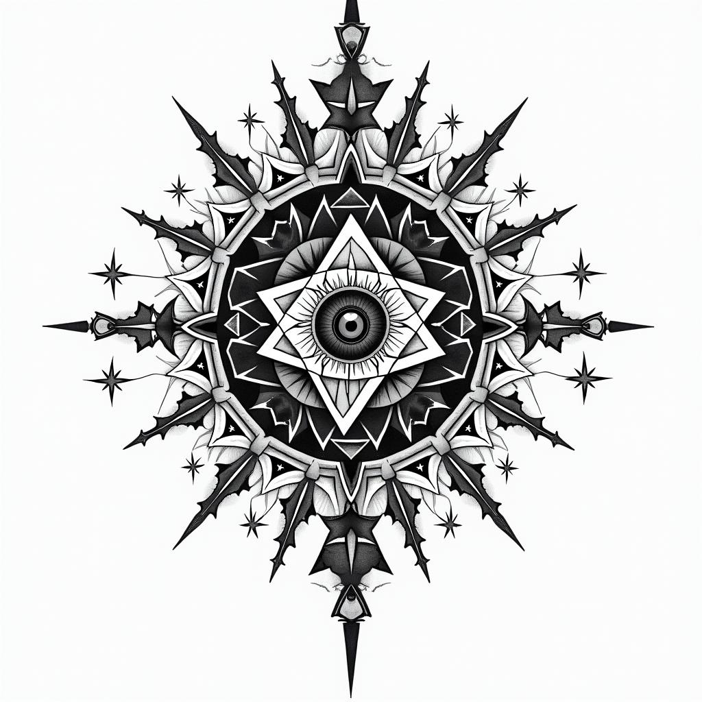 Frank William Campbell 1988 dragon scorpion Salinas California in prophecy tattoo style, featuring mystical symbols, celestial imagery like stars, moons, suns, geometric patterns, foretelling elements, an eye of wisdom