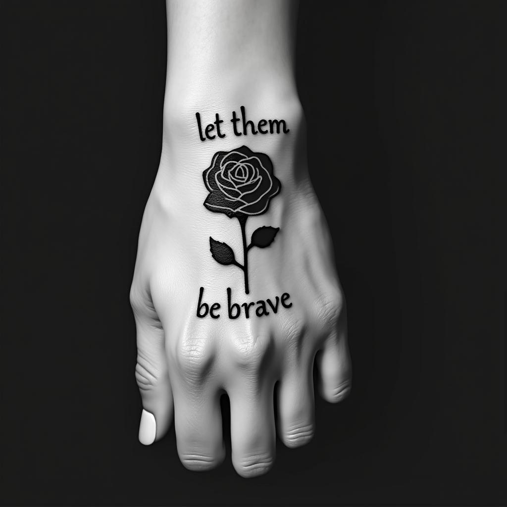 Hand tattoo black rose 444 let them 11:11 be braveminimalist text-based tattoo, Monospace font ultra-realistic, perfectly placed, high-quality font design, photo-realistic shading, 8k, high quality, finely detailed typograph - Variation 6
