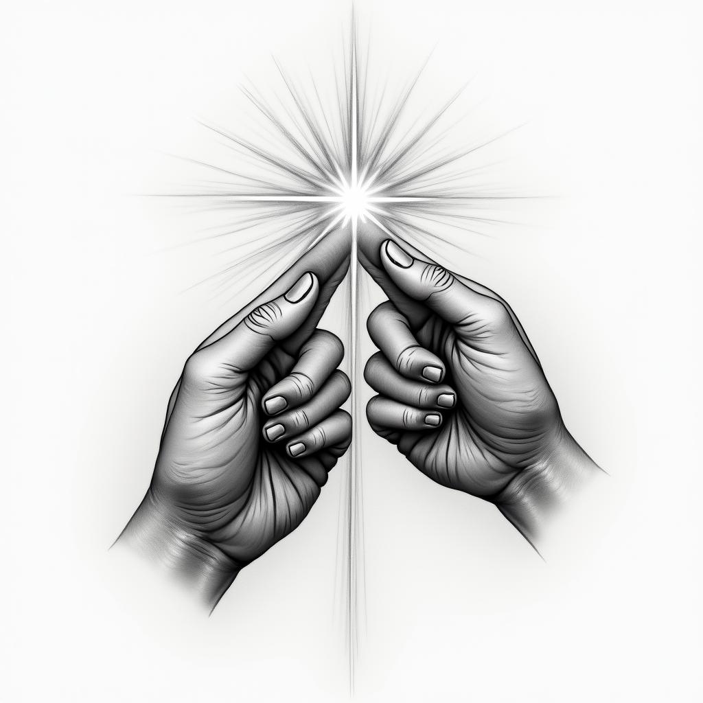 A tattoo design inspired by Michelangelo's "The Creation of Adam," featuring two fingers almost touching, symbolizing connection. The design includes a subtle background of wispy lines and light rays, capturing the essence of a divine spark, while keeping the overall style realistic and emotionally powerful.higly detailed tattoo - Variation 2