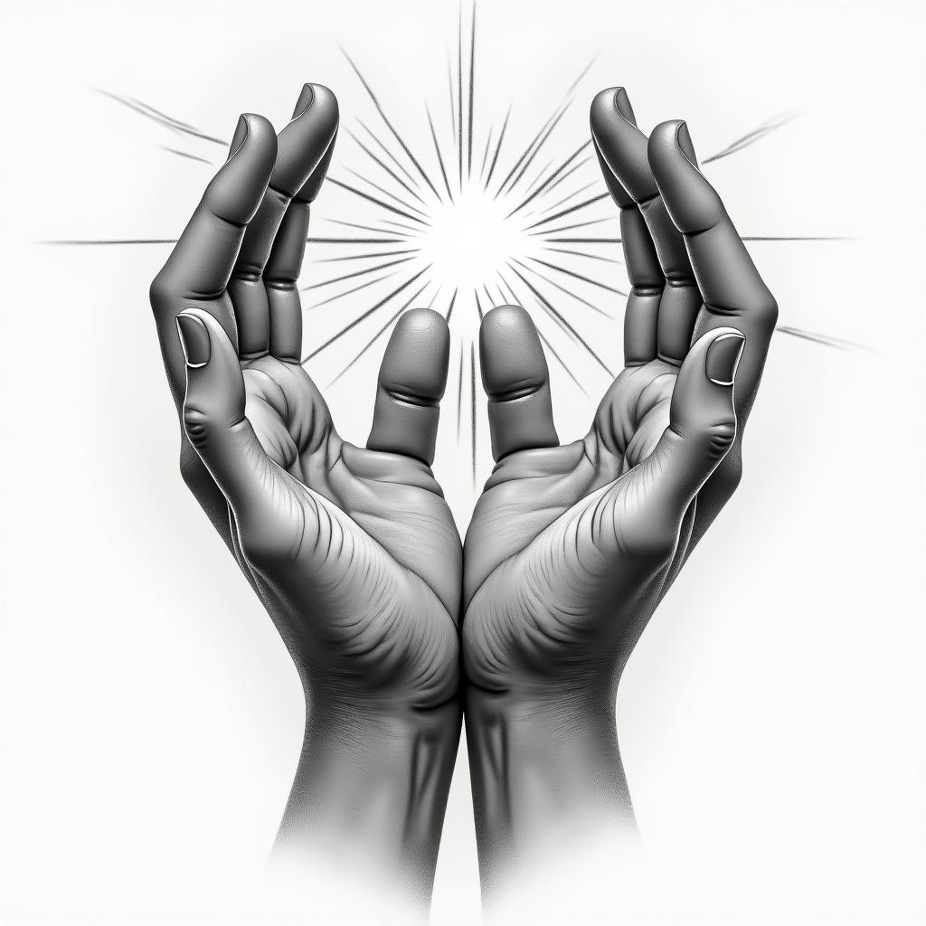 A tattoo design inspired by Michelangelo's "The Creation of Adam," featuring two fingers almost touching, symbolizing connection. The design includes a subtle background of wispy lines and light rays, capturing the essence of a divine spark, while keeping the overall style realistic and emotionally powerful.higly detailed tattoo