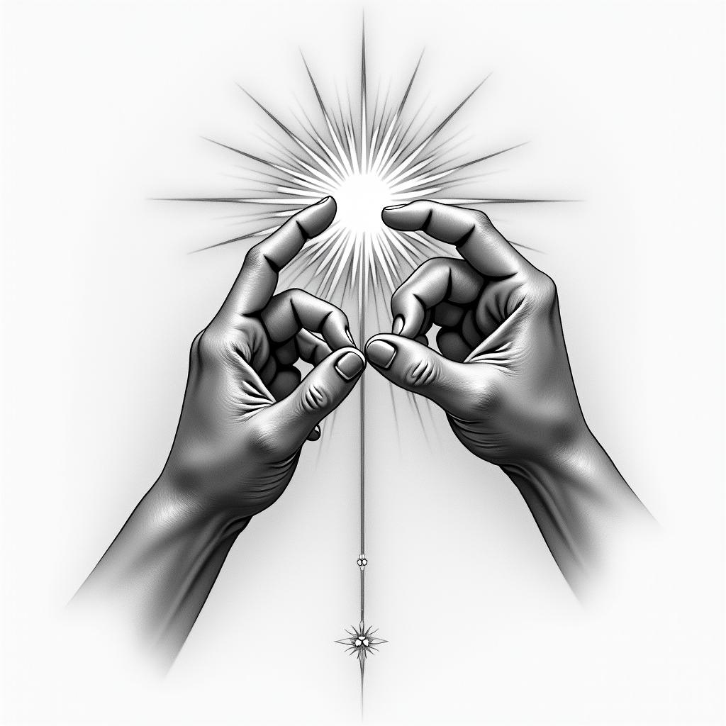 A tattoo design inspired by Michelangelo's "The Creation of Adam," featuring two fingers almost touching, symbolizing connection. The design includes a subtle background of wispy lines and light rays, capturing the essence of a divine spark, while keeping the overall style realistic and emotionally powerful.higly detailed tattoo - Variation 3