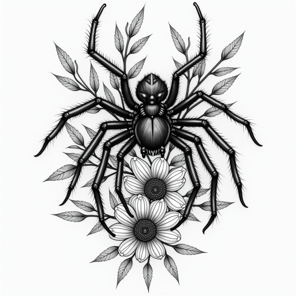 Spiders and flowershigly detailed tattoo - Variation 1