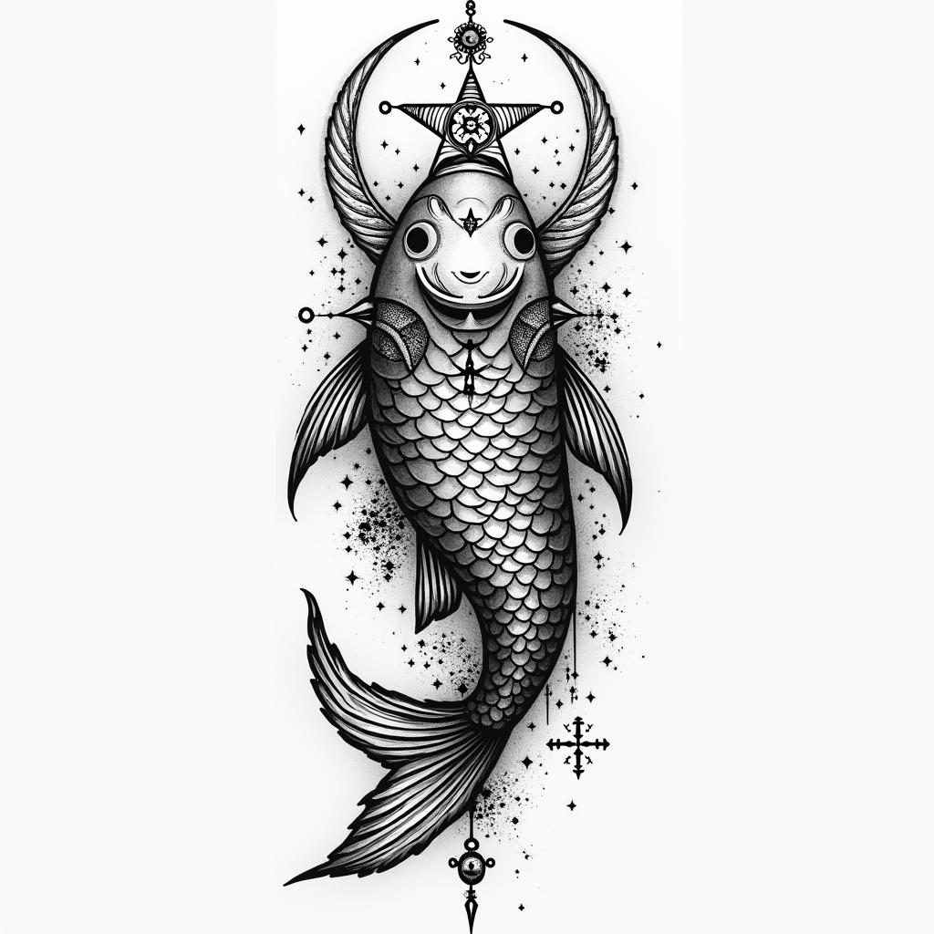 Create a tattoo for the forearm, in a Japanese style, my sign Aquarius, a fish.in paganic style tattoo, featuring ancient symbols, add vegvisir symbol, mystical figures, incorporating designs, pentagrams, runes, crescent moons,