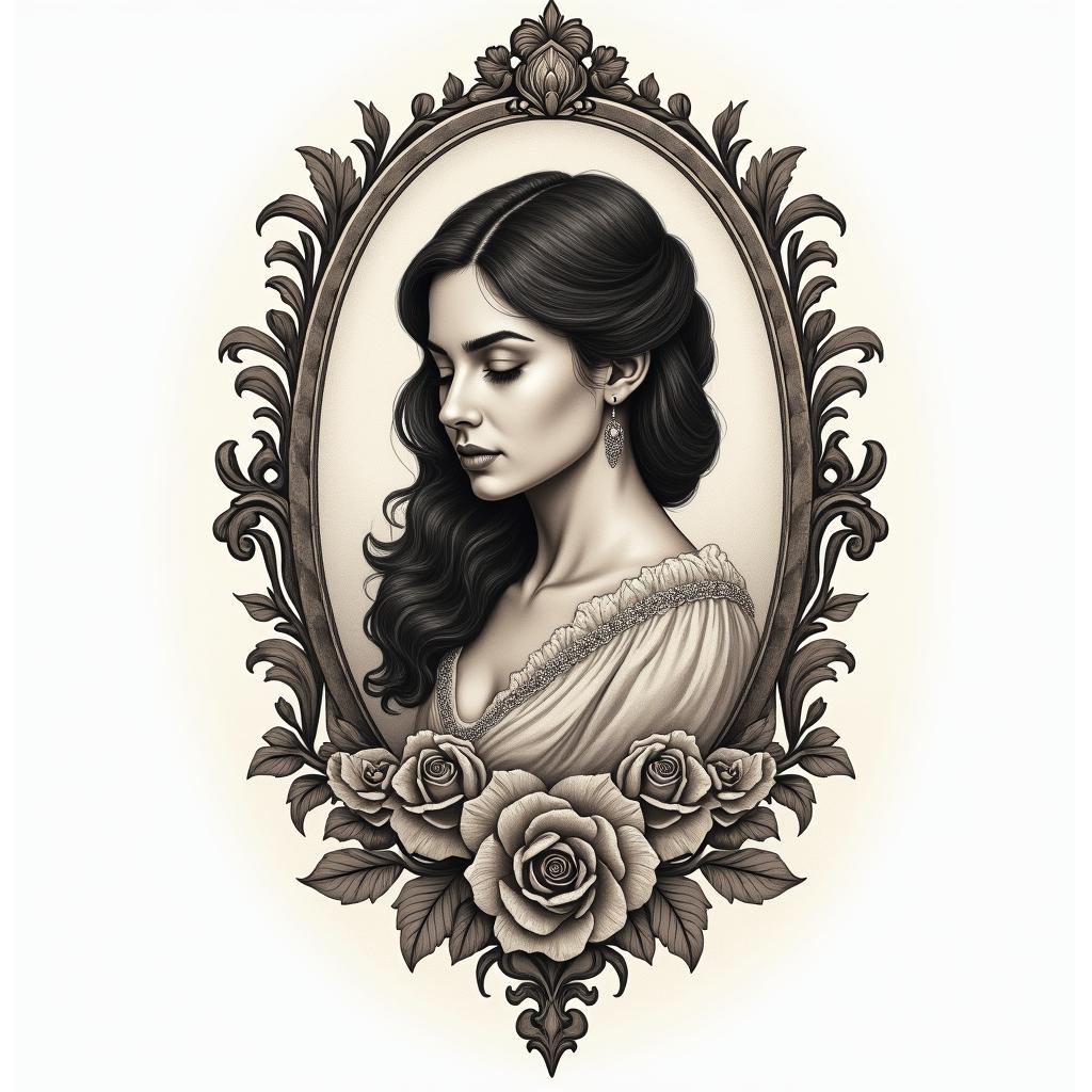 Waldemar Luiz Teixeira Barbosa, born on 05/12/1990 at 16:35 under the sign of Taurus in the city of São José dos Campos -SP.in victorian style tattoo, featuring vintage and elegant elements, ornate frames, roses, antique, sepia-toned color scheme