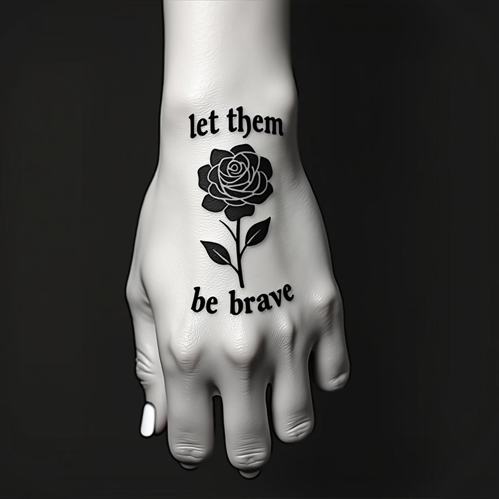 Hand tattoo black rose 444 let them 11:11 be braveminimalist text-based tattoo, Monospace font ultra-realistic, perfectly placed, high-quality font design, photo-realistic shading, 8k, high quality, finely detailed typograph - Variation 4