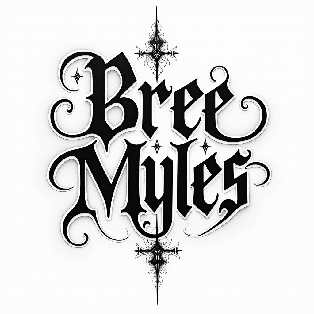 Bree and Mylestext-based tattoo, gothic font ultra-realistic, perfectly placed, high-quality font design, photo-realistic shading, 8k, high quality, finely detailed typography