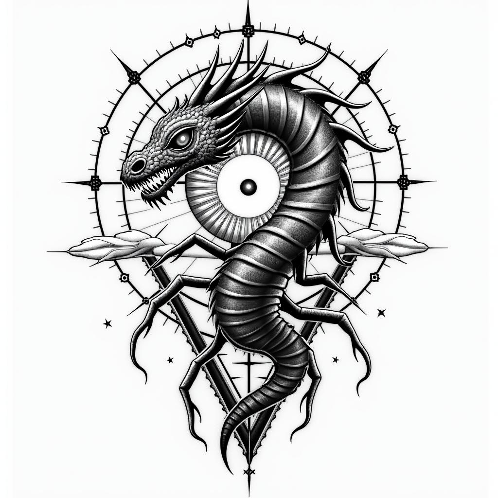 Frank William Campbell 1988 dragon scorpion Salinas Californiain prophecy tattoo style, featuring mystical symbols, celestial imagery like stars, moons, suns, geometric patterns, foretelling elements, an eye of wisdom - Variation 5
