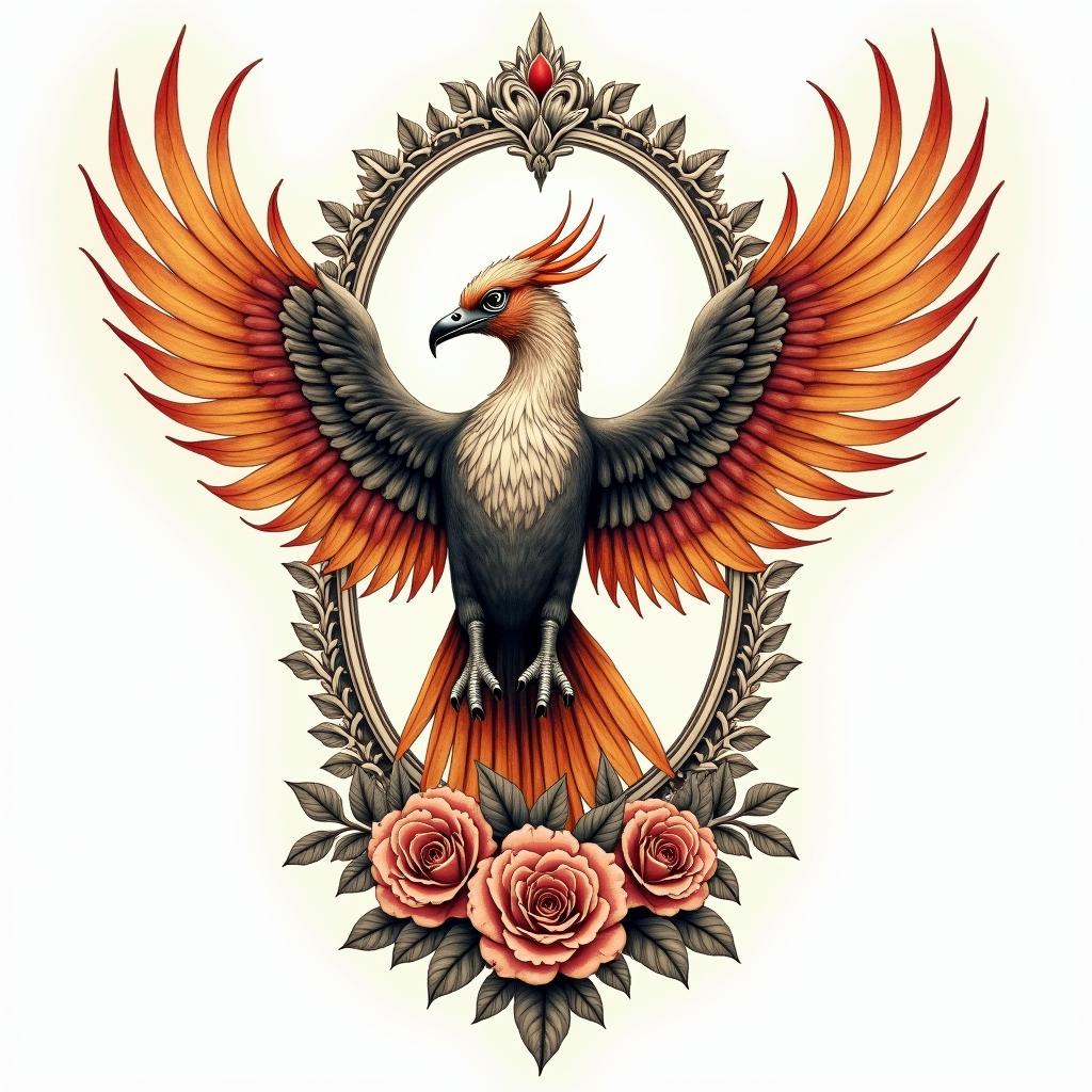 Rising phoenix with vibrant fiery wingsin victorian style tattoo, featuring vintage and elegant elements, ornate frames, roses, antique, sepia-toned color scheme - Variation 3