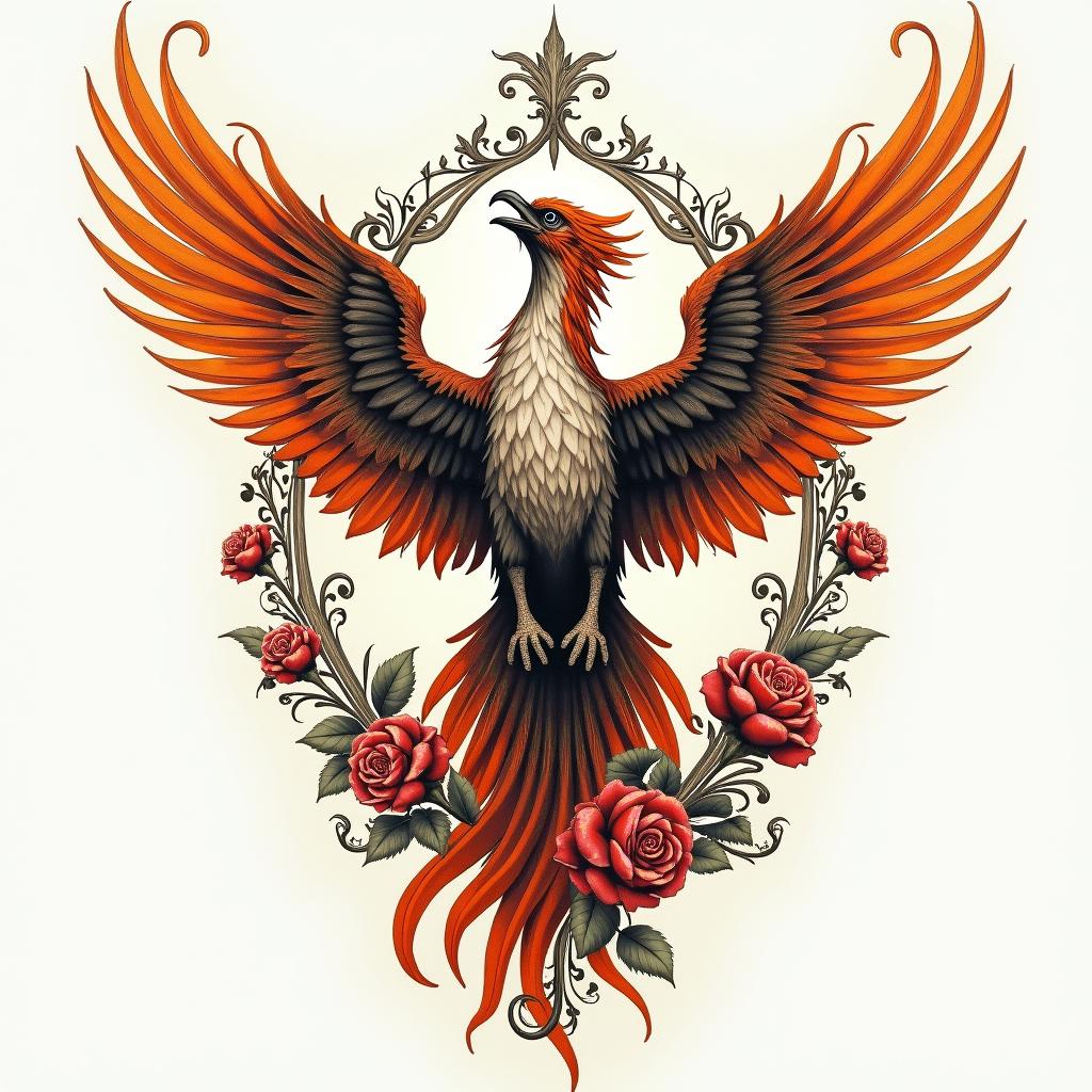 Rising phoenix with vibrant fiery wingsin victorian style tattoo, featuring vintage and elegant elements, ornate frames, roses, antique, sepia-toned color scheme - Variation 4