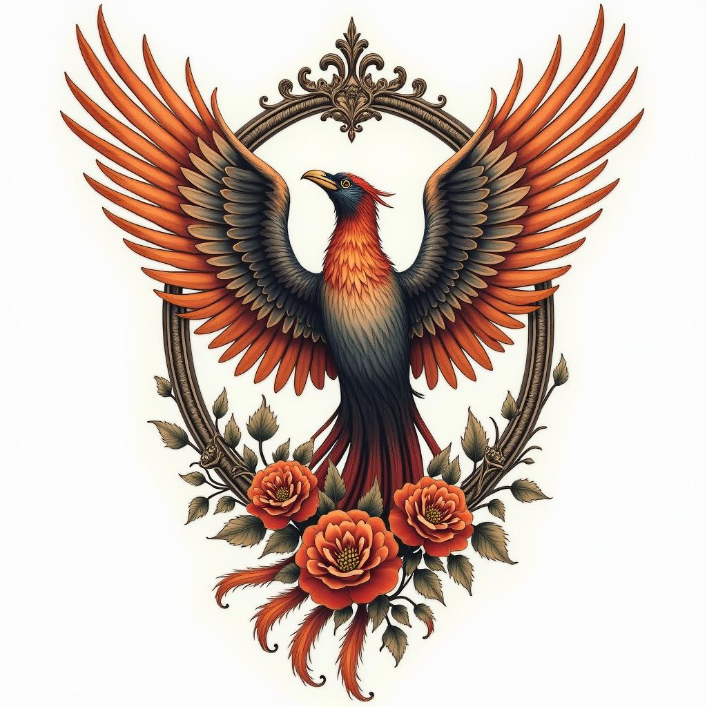 Rising phoenix with vibrant fiery wingsin victorian style tattoo, featuring vintage and elegant elements, ornate frames, roses, antique, sepia-toned color scheme - Variation 2
