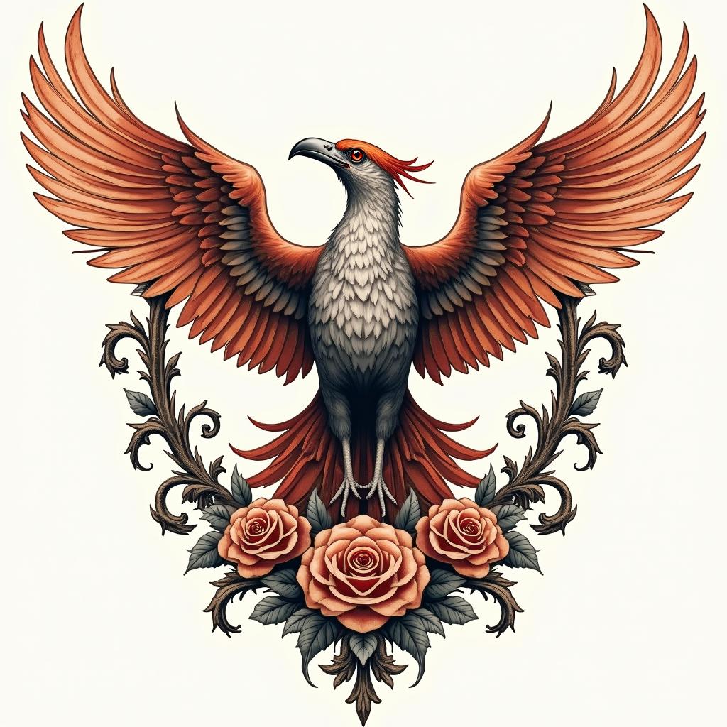 Rising phoenix with vibrant fiery wingsin victorian style tattoo, featuring vintage and elegant elements, ornate frames, roses, antique, sepia-toned color scheme