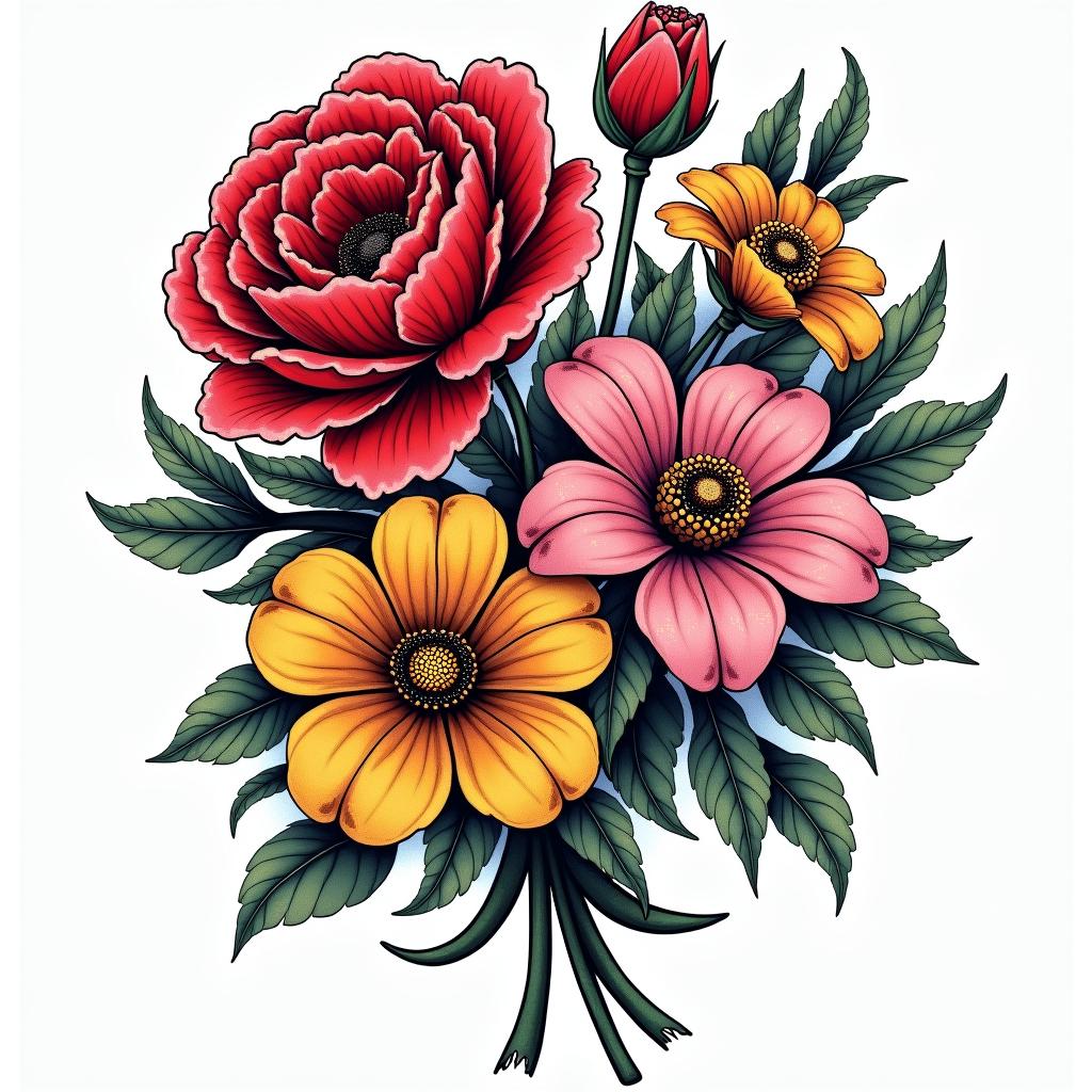Flowers, girlyin pop art style tattoo, featuring bold and vibrant colors, exaggerated outlines, iconic imagery, inspired by comic books and speech bubbles, comic book characters, retro pop culture - Variation 1