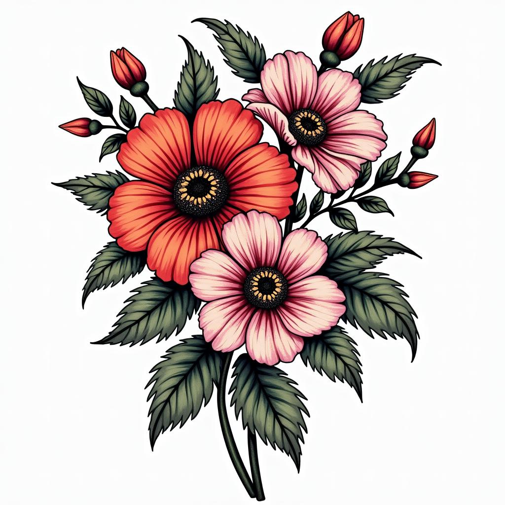 Flowers, girlyin pop art style tattoo, featuring bold and vibrant colors, exaggerated outlines, iconic imagery, inspired by comic books and speech bubbles, comic book characters, retro pop culture - Variation 4