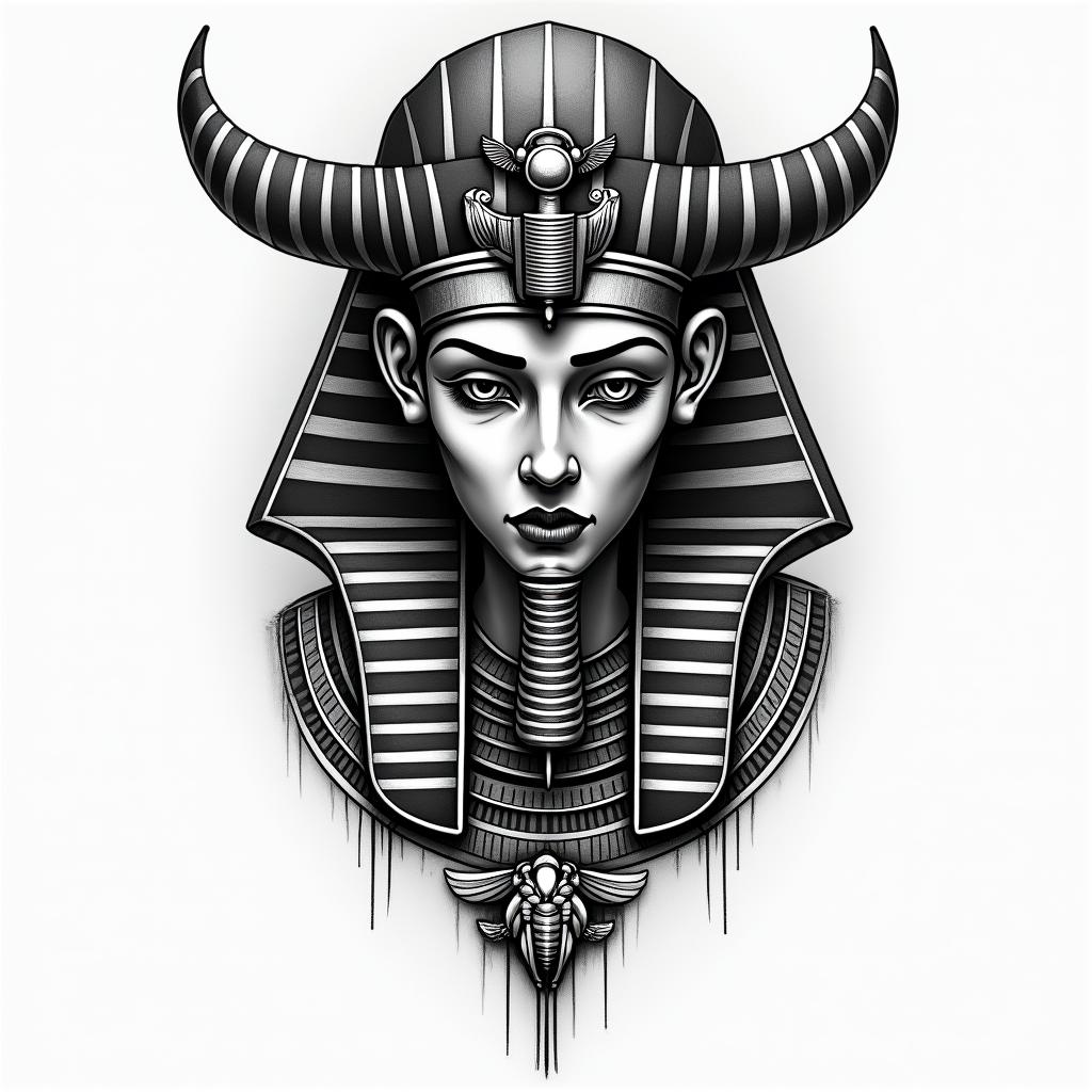 rage, warriorin egyptian style tattoo, bold elements of ancient egyptian culture including a portrait of an Egyptian pharaoh with detailed facial features, in hieroglyphs and symbolic imagery, eye of horus, ankh symbol, scarab beetle - Variation 4