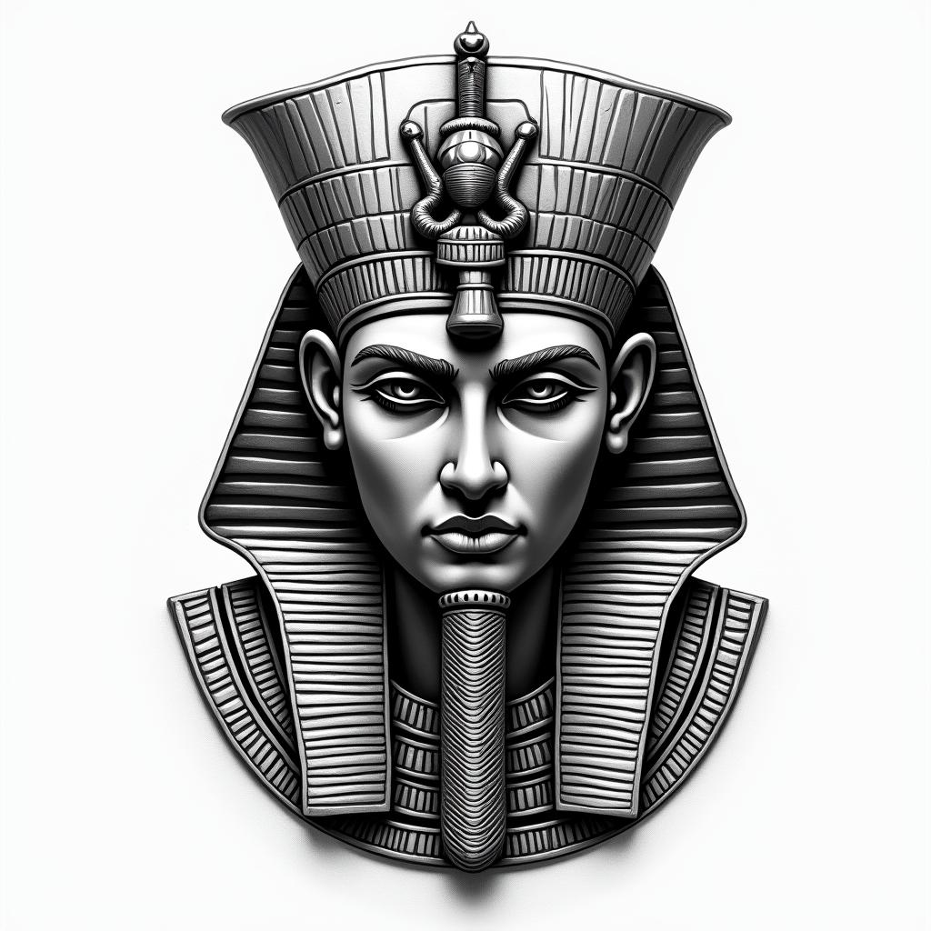 rage, warriorin egyptian style tattoo, bold elements of ancient egyptian culture including a portrait of an Egyptian pharaoh with detailed facial features, in hieroglyphs and symbolic imagery, eye of horus, ankh symbol, scarab beetle