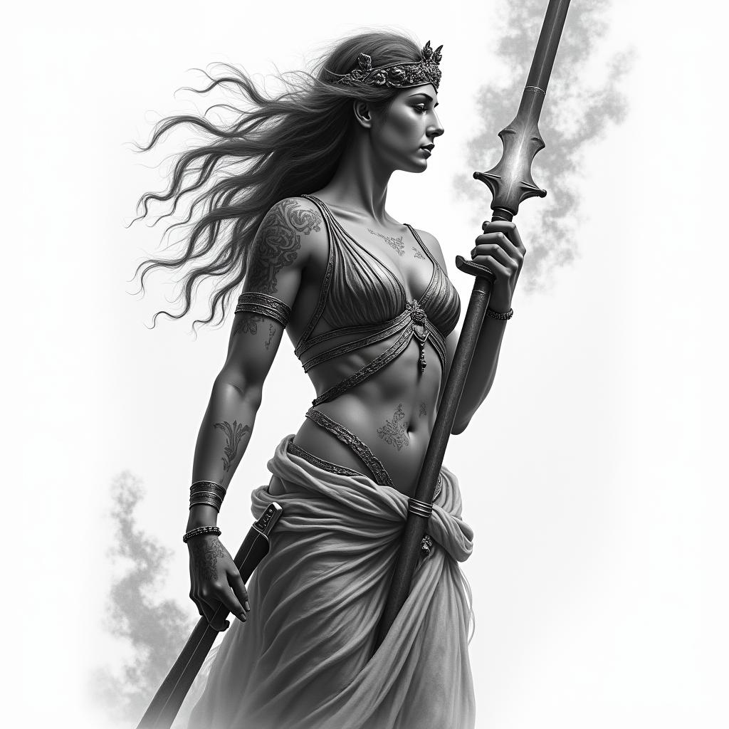 Athena, the goddess of war, firehigly detailed tattoo - Variation 11