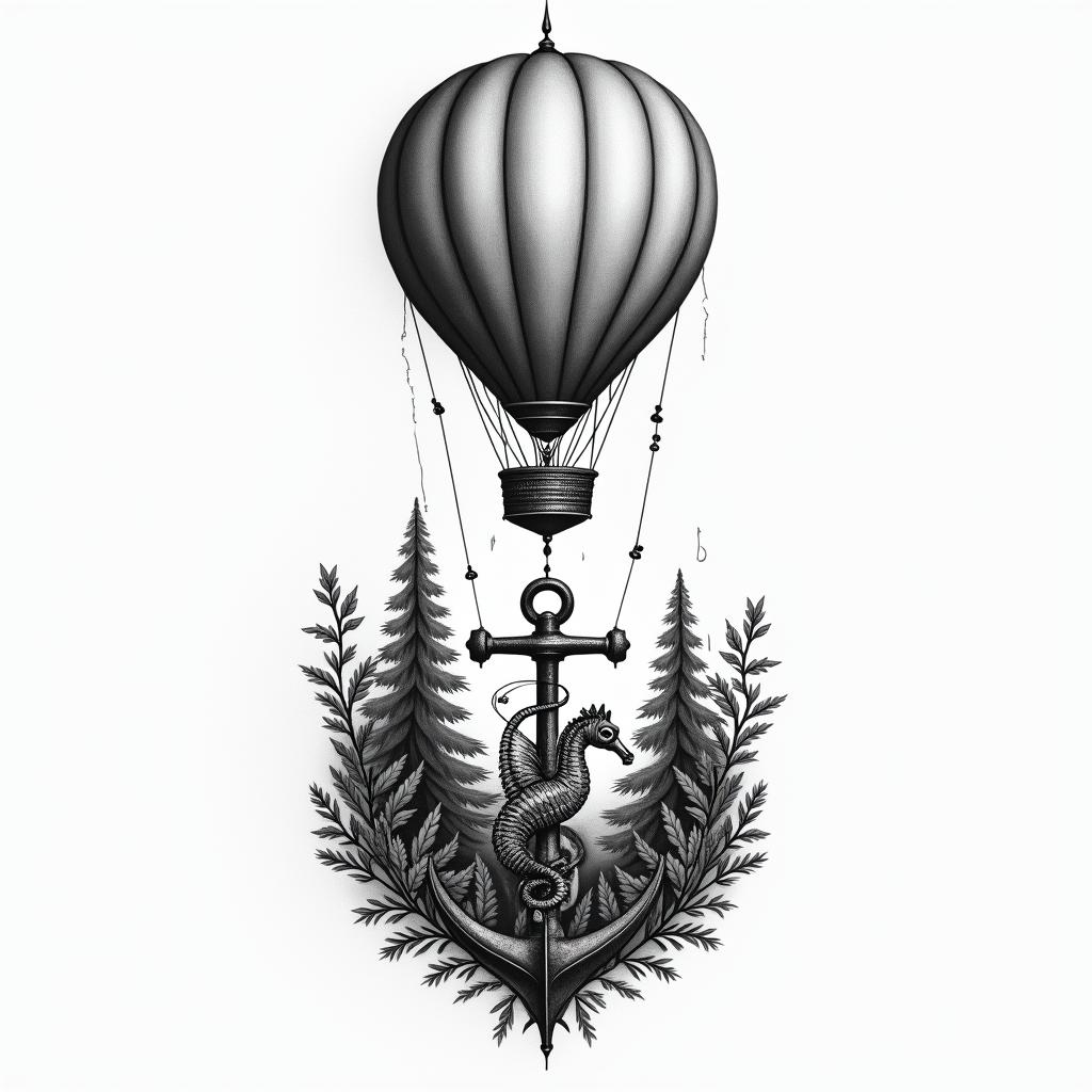A vintage hot air balloon soaring above an anchor, symbolizing stability, and a seahorse representing love for the ocean, all intertwined with a sense of childhood adventure, evoking memories of exploring a backyard forest.higly detailed tattoo - Variation 4