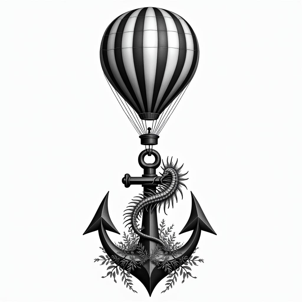 A vintage hot air balloon soaring above an anchor, symbolizing stability, and a seahorse representing love for the ocean, all intertwined with a sense of childhood adventure, evoking memories of exploring a backyard forest.higly detailed tattoo - Variation 2