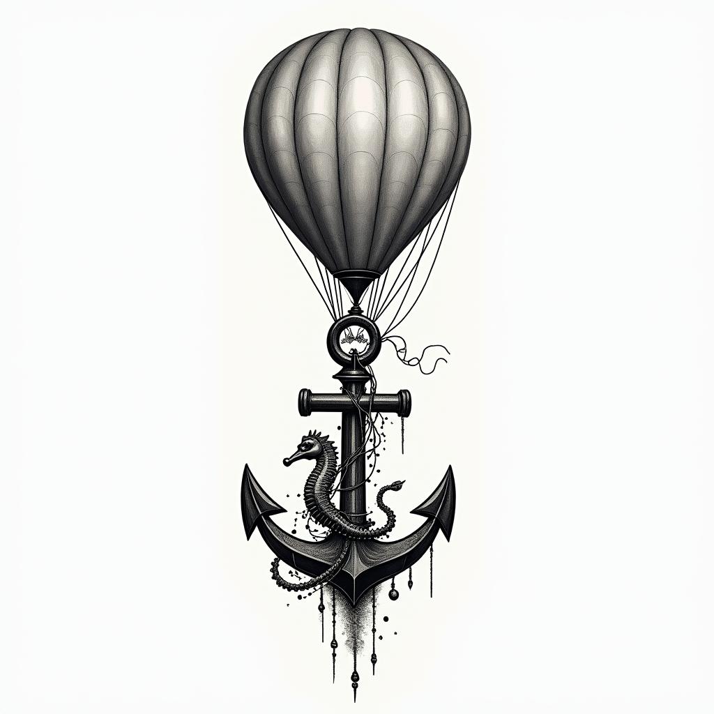 A vintage hot air balloon soaring above an anchor, symbolizing stability, and a seahorse representing love for the ocean, all intertwined with a sense of childhood adventure, evoking memories of exploring a backyard forest.higly detailed tattoo - Variation 3