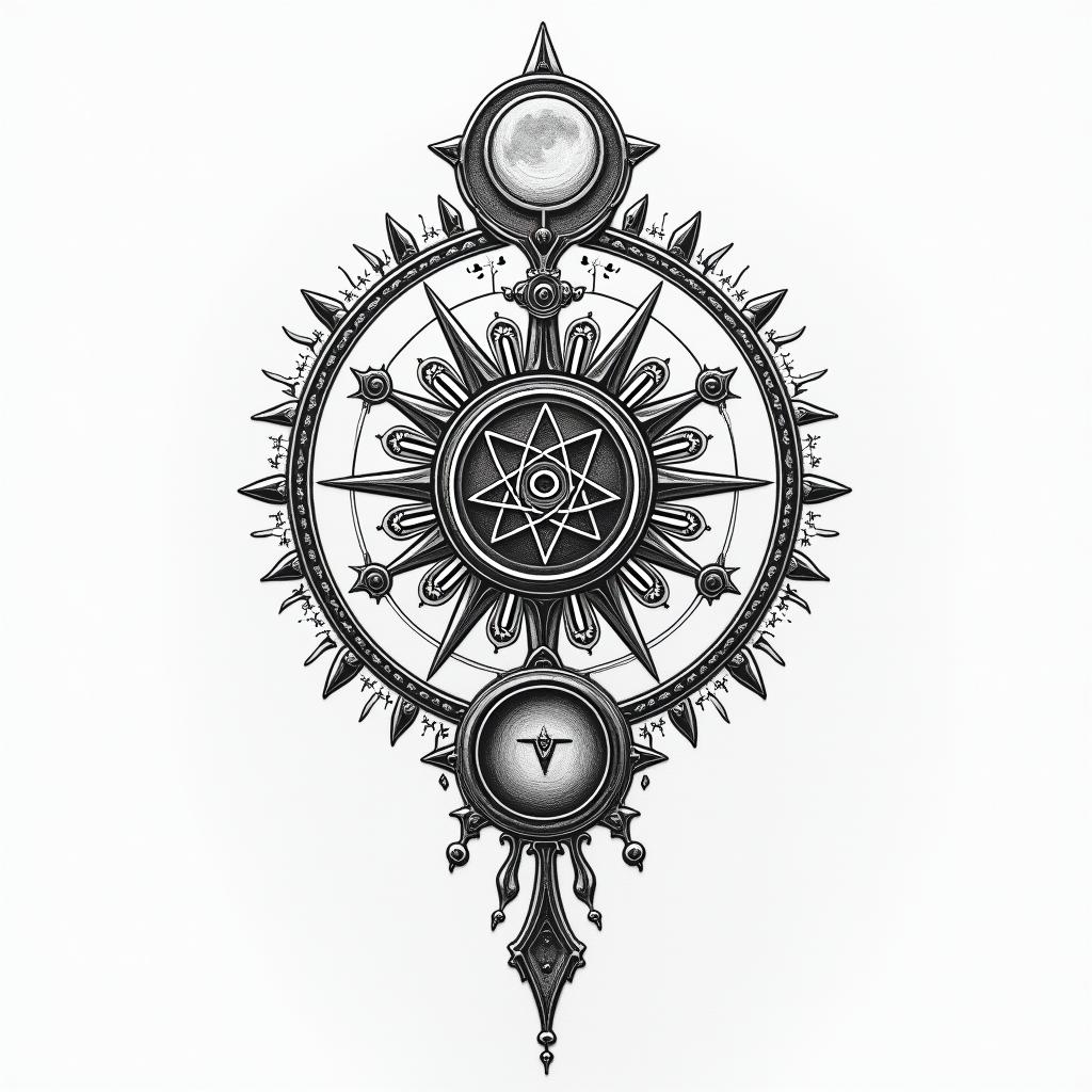 Fibonacci sequencein paganic style tattoo, featuring ancient symbols, add vegvisir symbol, mystical figures, incorporating designs, pentagrams, runes, crescent moons,