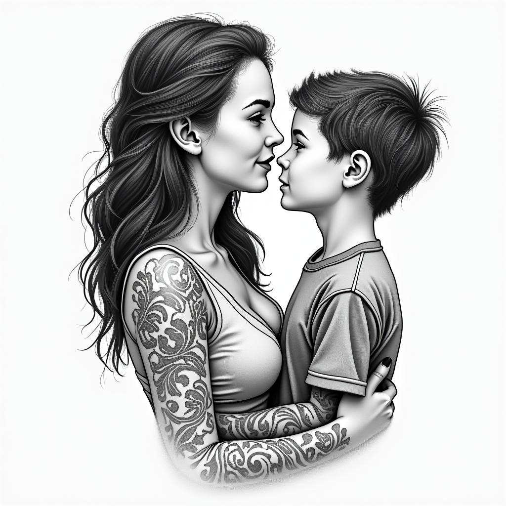 Teen mom of two boysin authentic tattoo style, incorporating traditional modifications, bold black outlines, solid color fills, featuring classic authentic elements - Variation 3