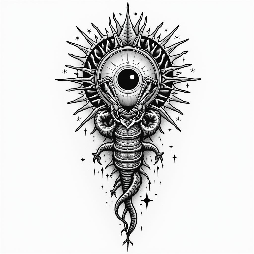 Frank William Campbell 1988 dragon scorpion Salinas Californiain prophecy tattoo style, featuring mystical symbols, celestial imagery like stars, moons, suns, geometric patterns, foretelling elements, an eye of wisdom - Variation 2