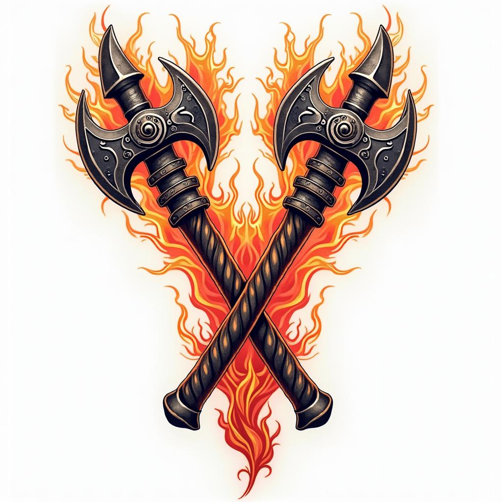 Viking axes in flameshigly detailed tattoo - Variation 1