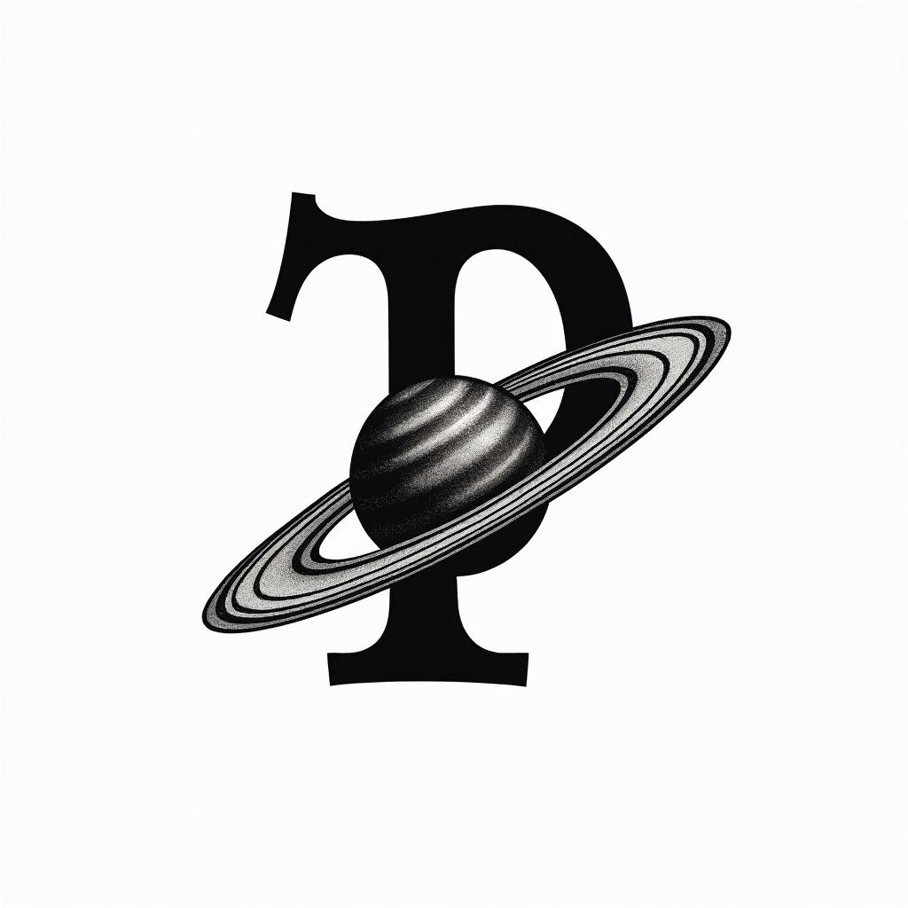 Letter P in Japanese with a Saturntext-based tattoo, japanese font ultra-realistic, perfectly placed, high-quality font design, photo-realistic shading, 8k, high quality, finely detailed typograph