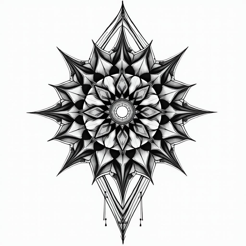 Throne of Glass, wyrdmarks in geometric style tattoo, blending hexagons, mandala-inspired patterns, symmetrical and fractal design, clean lines, sharp angles - Variation 4