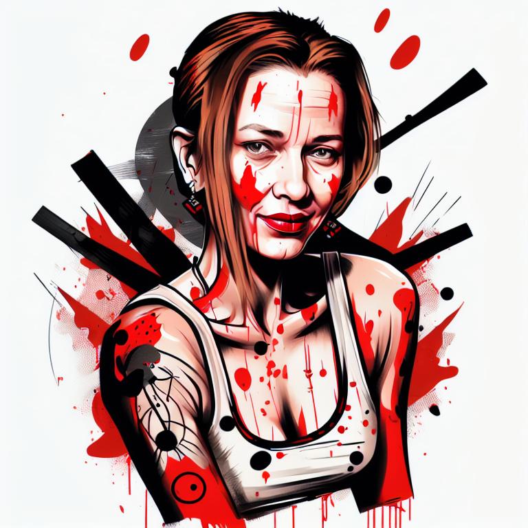 trash polka tattoo style, showcasing bold black and red ink with dynamic brush strokes and splatters. Incorporates abstract elements and expressive, chaotic lines on a solid white background. Detailed design with a high-contrast soft colored near white toned look, blending realism and abstraction to create an intense visual impactundefined - Variation 15