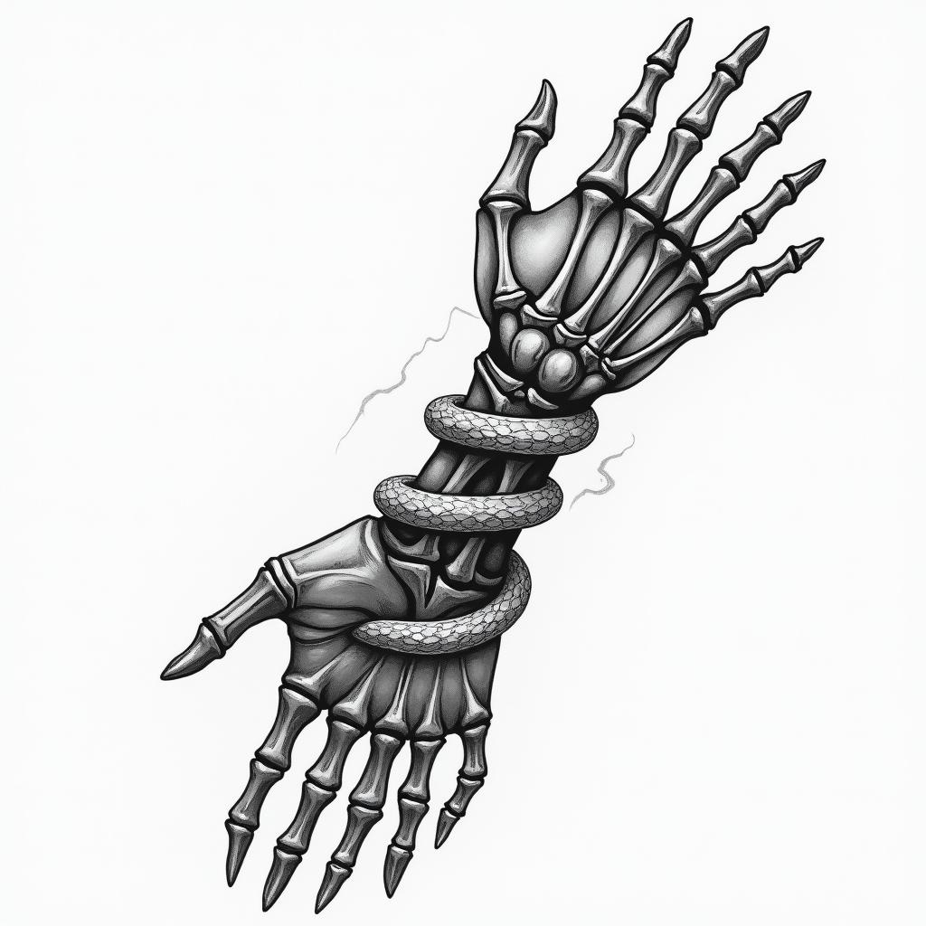 Generate an arm tatoo that starts whit the skeleton of a hand on the hand then transfors in a snake that fades into a Lightning on the sho liderhigly detailed tattoo